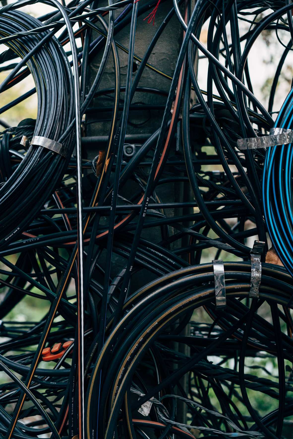 Close view of network patch cables in a rack
